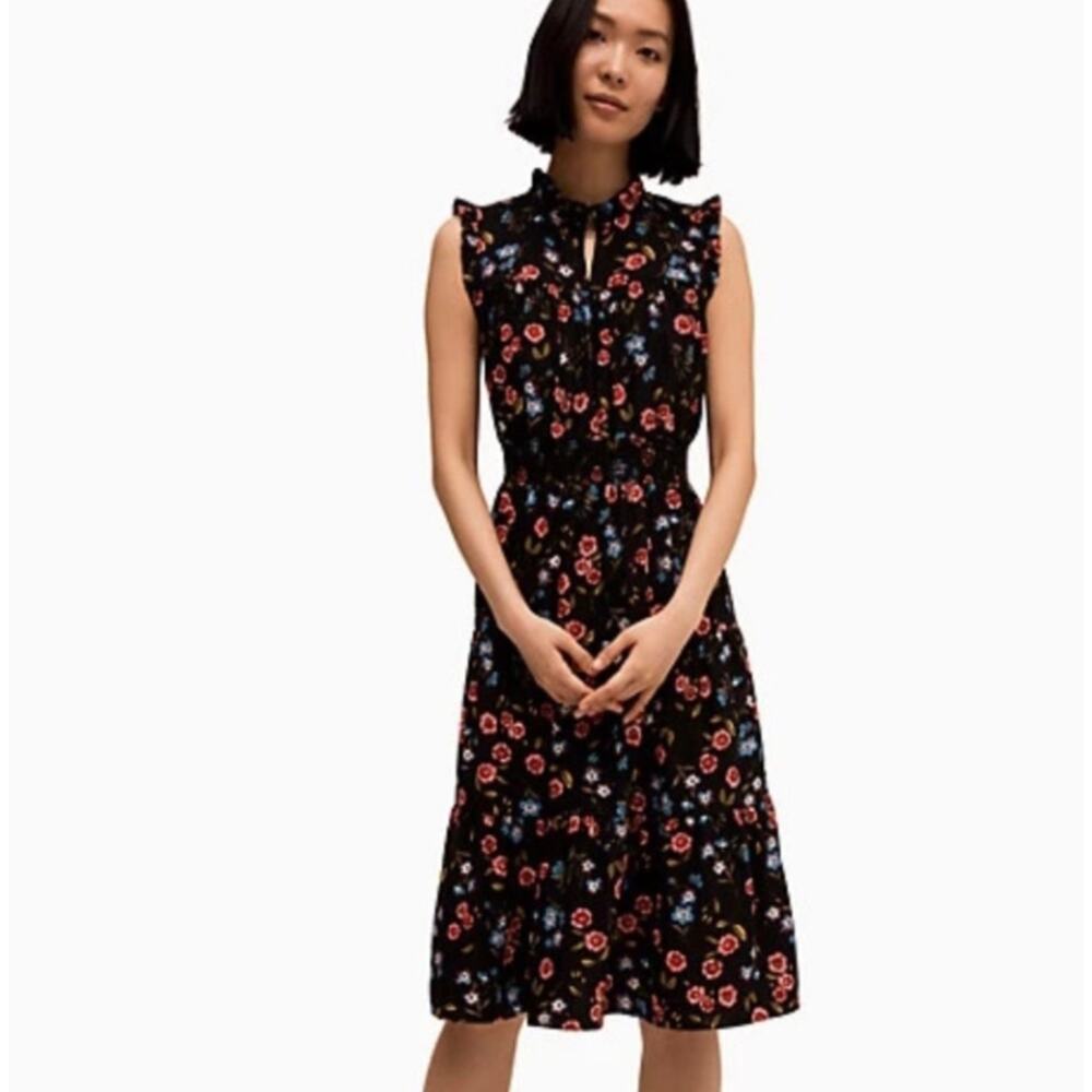 kate spade Black Floral Midi Dress with Red and Blue Accents